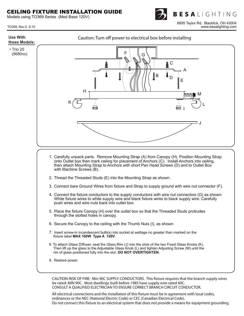 To369_rev5, Ceiling fixture installation guide | Besa Lighting Trio (Flush Mount) User Manual | Page 6 / 6