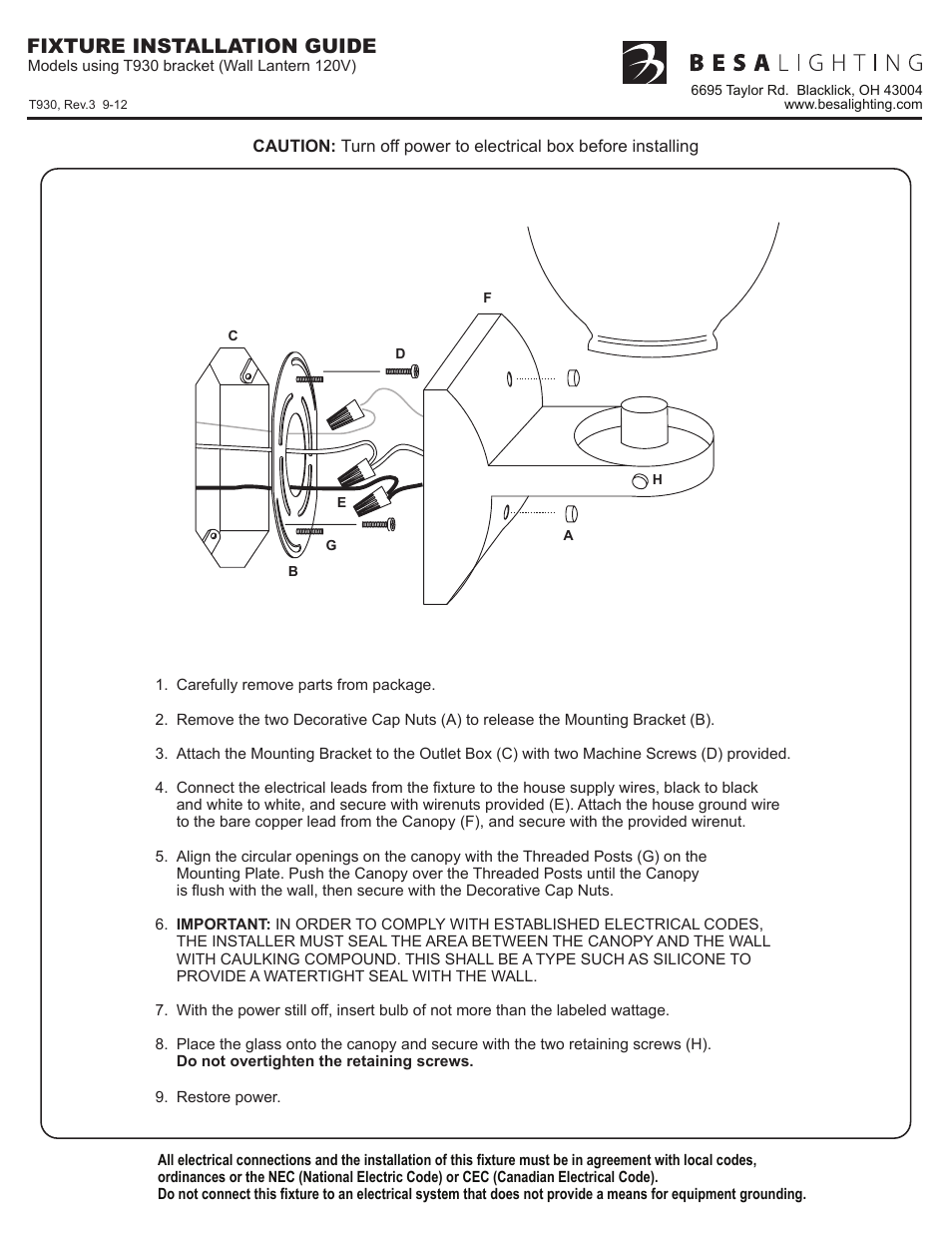 T930, rev3, Fixture installation guide | Besa Lighting 3061 Series (Costaluz) User Manual | Page 2 / 2