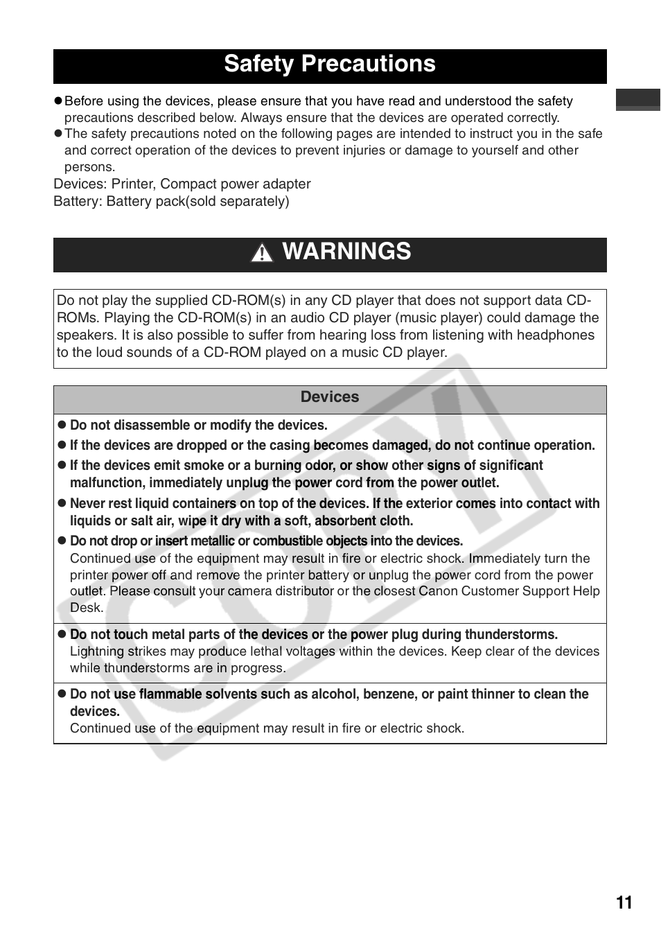 Safety precautions warnings | Canon CP710 User Manual | Page 13 / 69