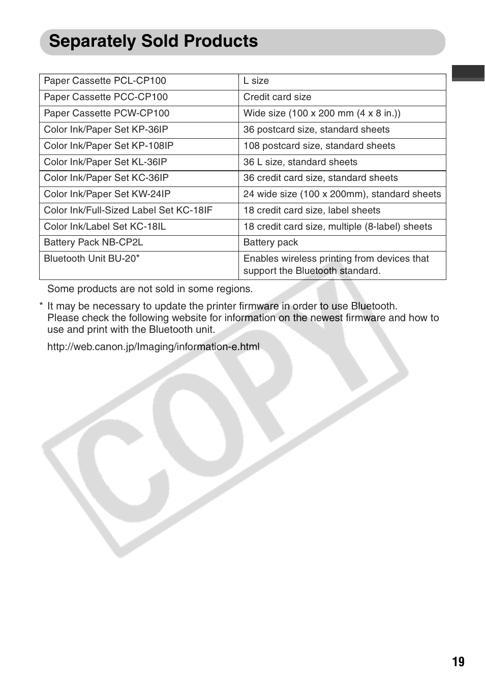 Separately sold products | Canon CP710 User Manual | Page 21 / 69