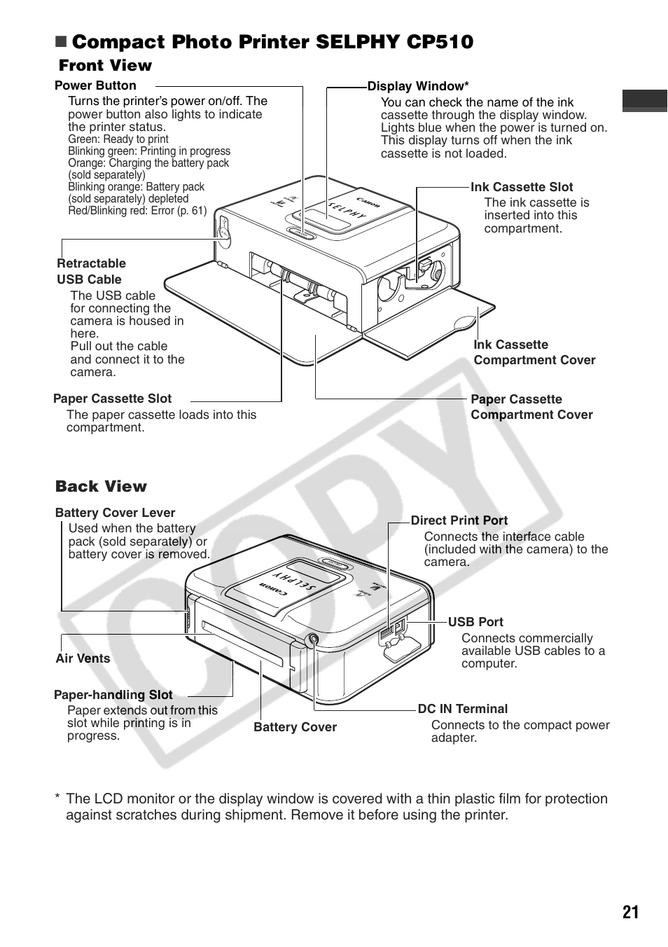 Compact photo printer selphy cp510, Front view, Back view | Canon CP710 User Manual | Page 23 / 69