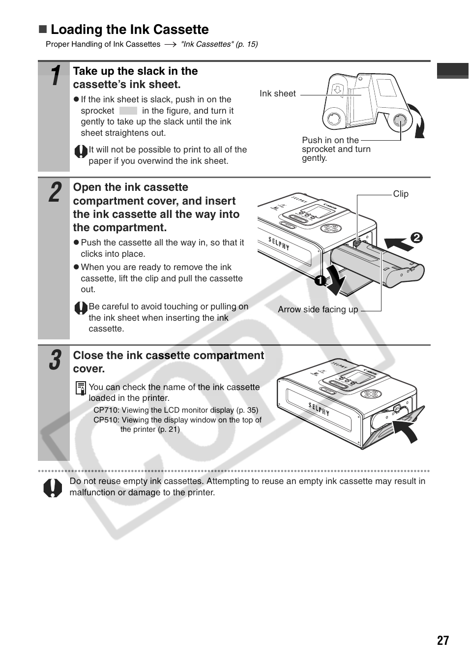 Loading the ink cassette | Canon CP710 User Manual | Page 29 / 69