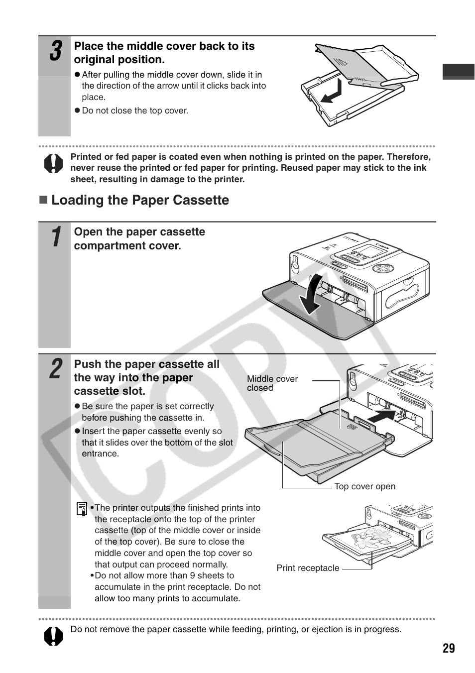 Loading the paper cassette | Canon CP710 User Manual | Page 31 / 69