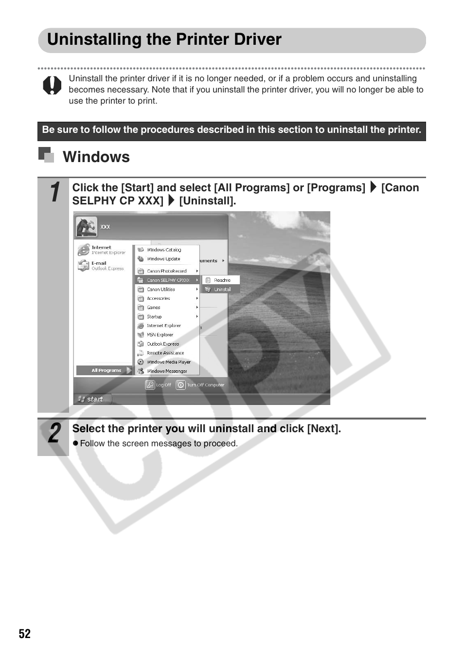 Uninstalling the printer driver | Canon CP710 User Manual | Page 54 / 69