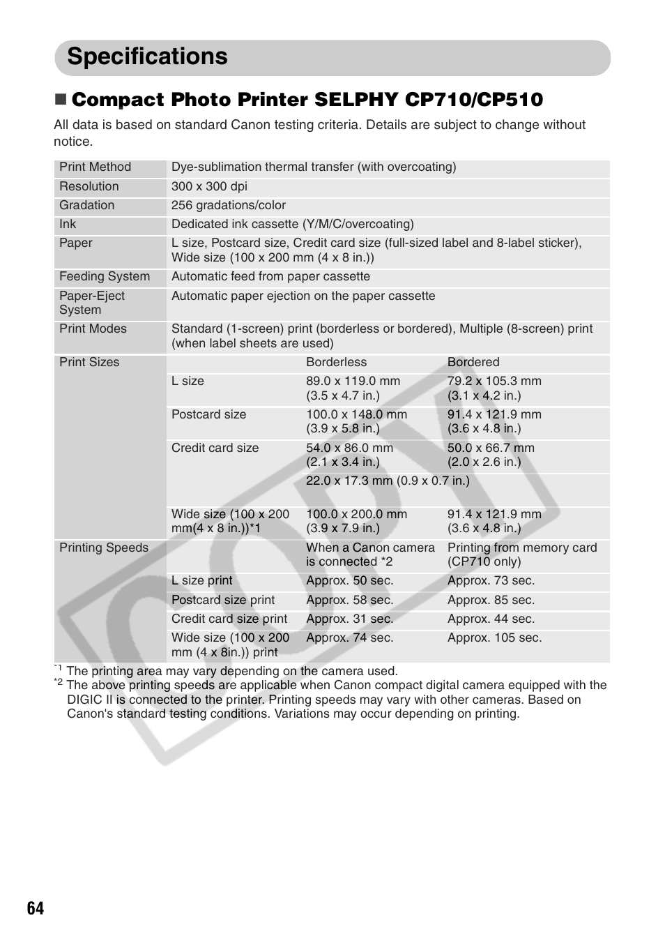 Specifications | Canon CP710 User Manual | Page 66 / 69