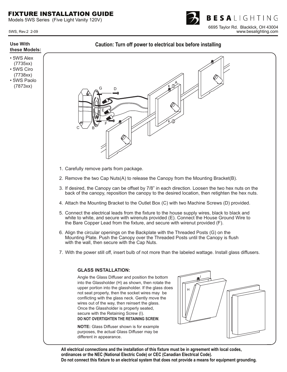 5ws_rev2, Fixture installation guide | Besa Lighting Paolo (Vanity) User Manual | Page 4 / 4