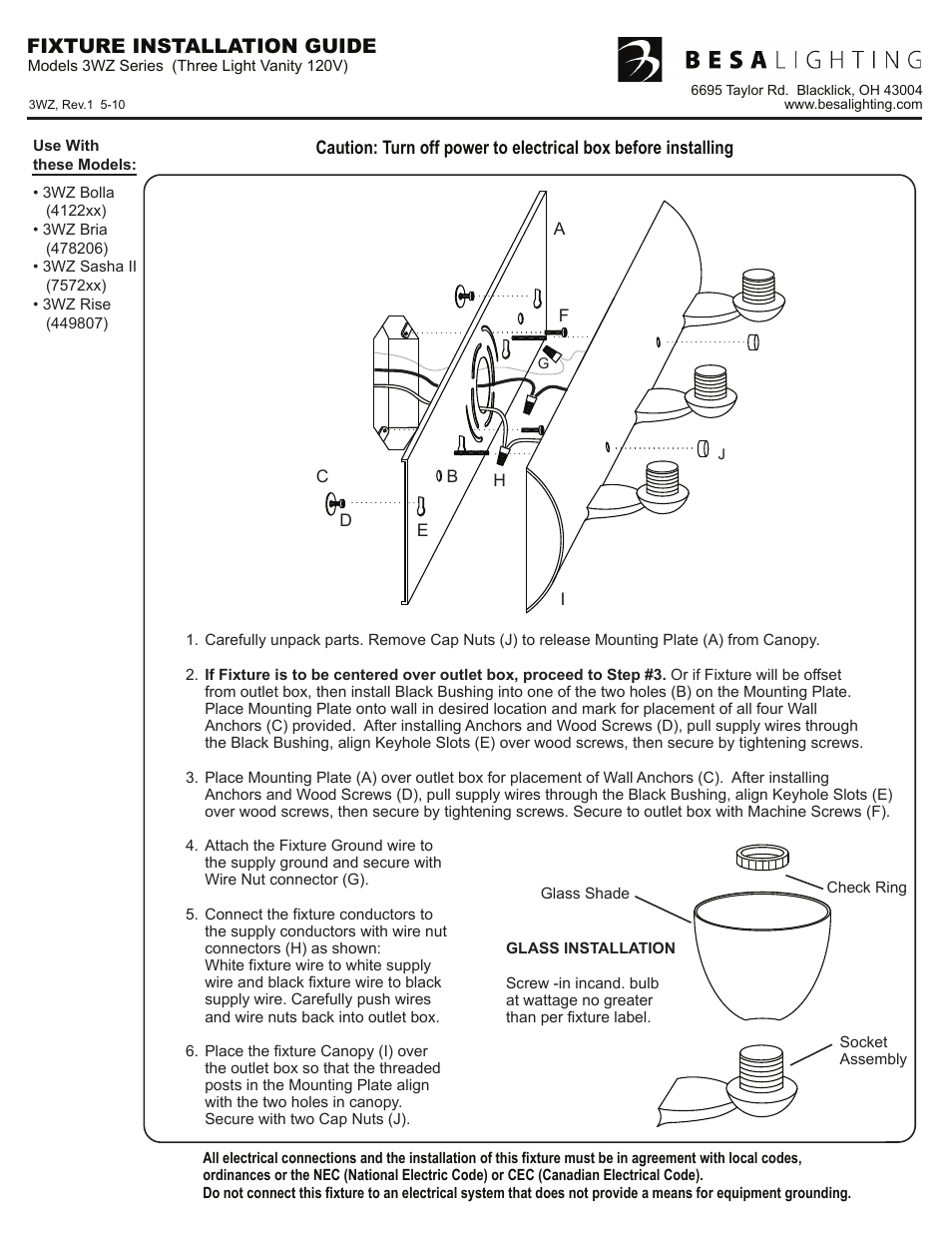 3wz_rev1, Fixture installation guide | Besa Lighting Bolla (Vanity) User Manual | Page 2 / 3