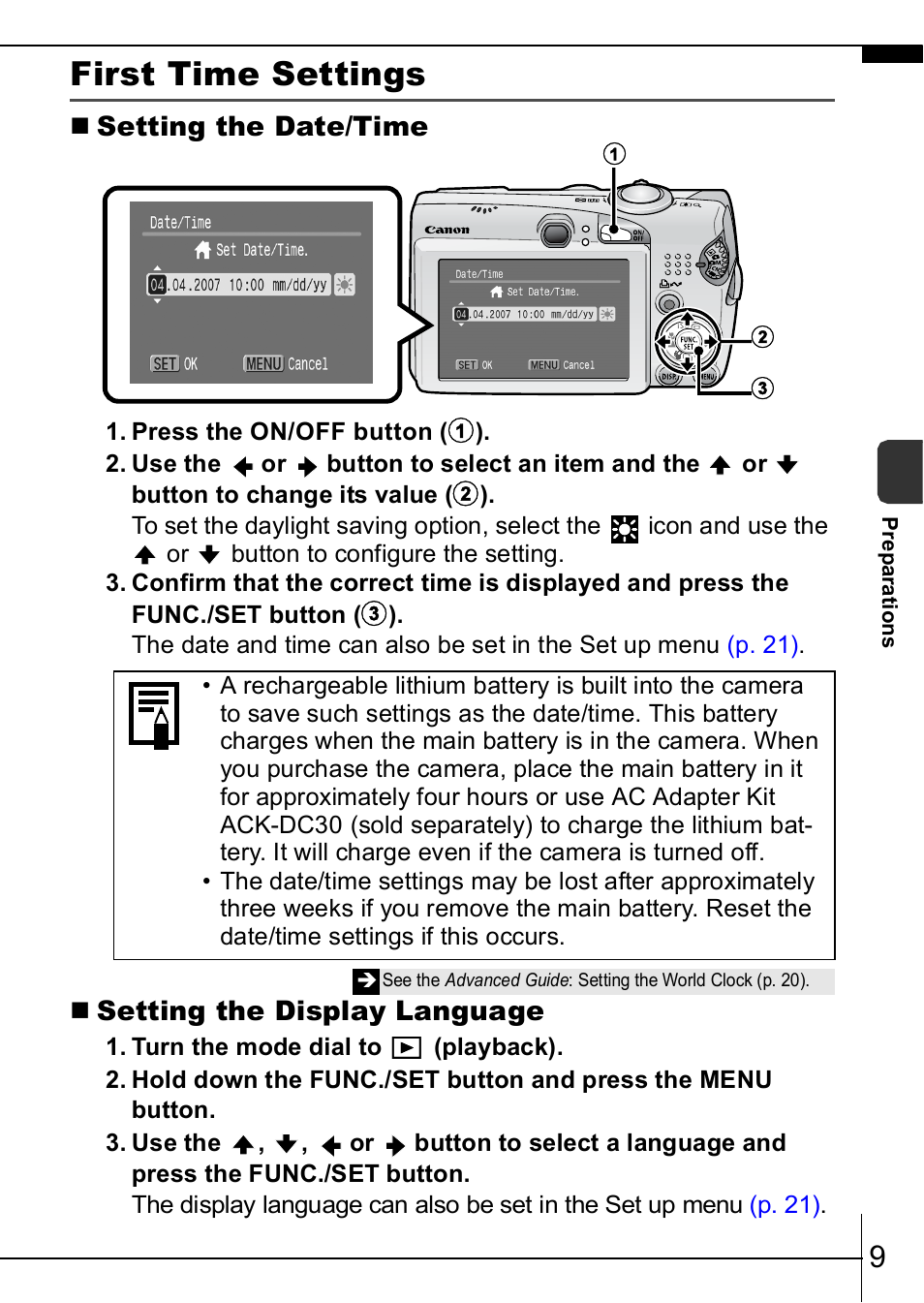 First time settings | Canon IXUS  950IS User Manual | Page 11 / 37