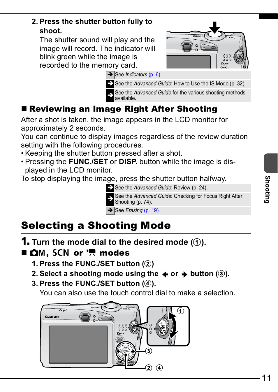 Selecting a shooting mode, P. 11, Reviewing an image right after shooting | Canon IXUS  950IS User Manual | Page 13 / 37