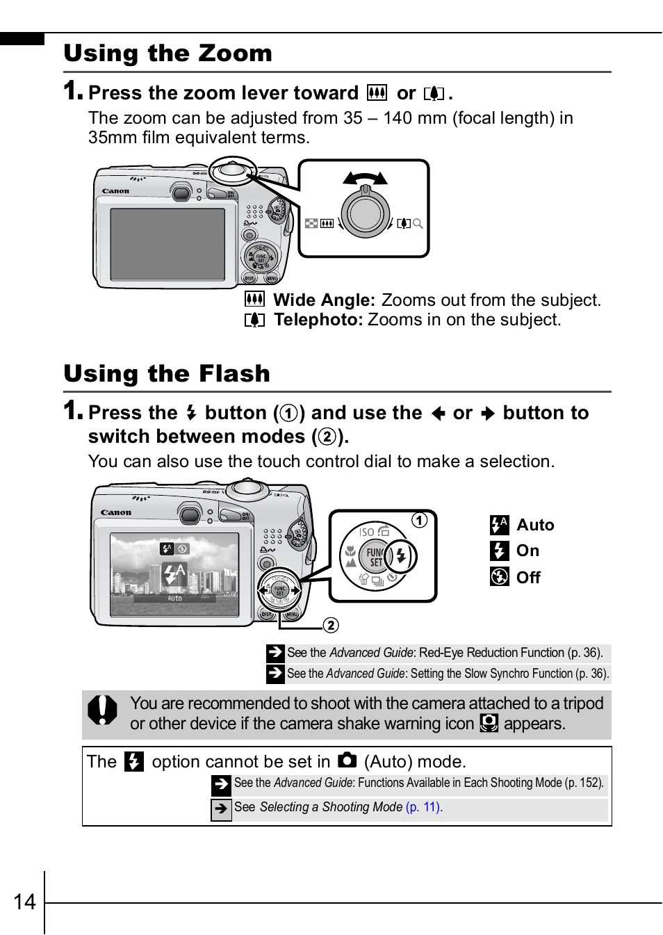 Using the zoom, Using the flash, P. 14) | P. 14 | Canon IXUS  950IS User Manual | Page 16 / 37