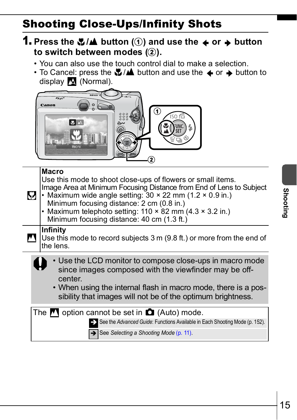 Shooting close-ups/infinity shots, P. 15) | Canon IXUS  950IS User Manual | Page 17 / 37