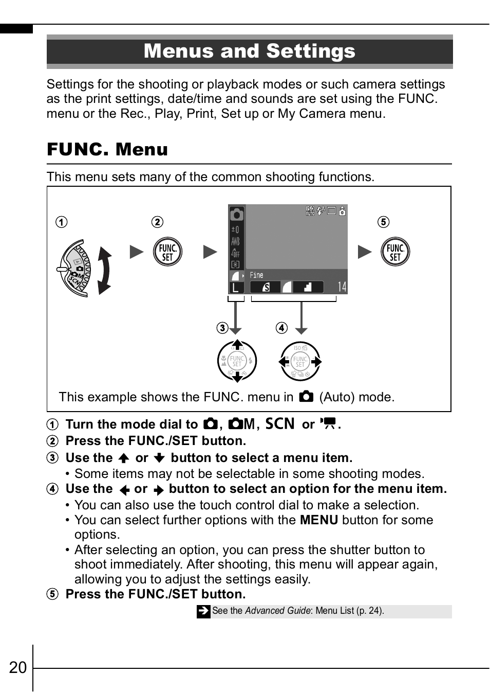 Menus and settings, Func. menu, P. 20 | Canon IXUS  950IS User Manual | Page 22 / 37