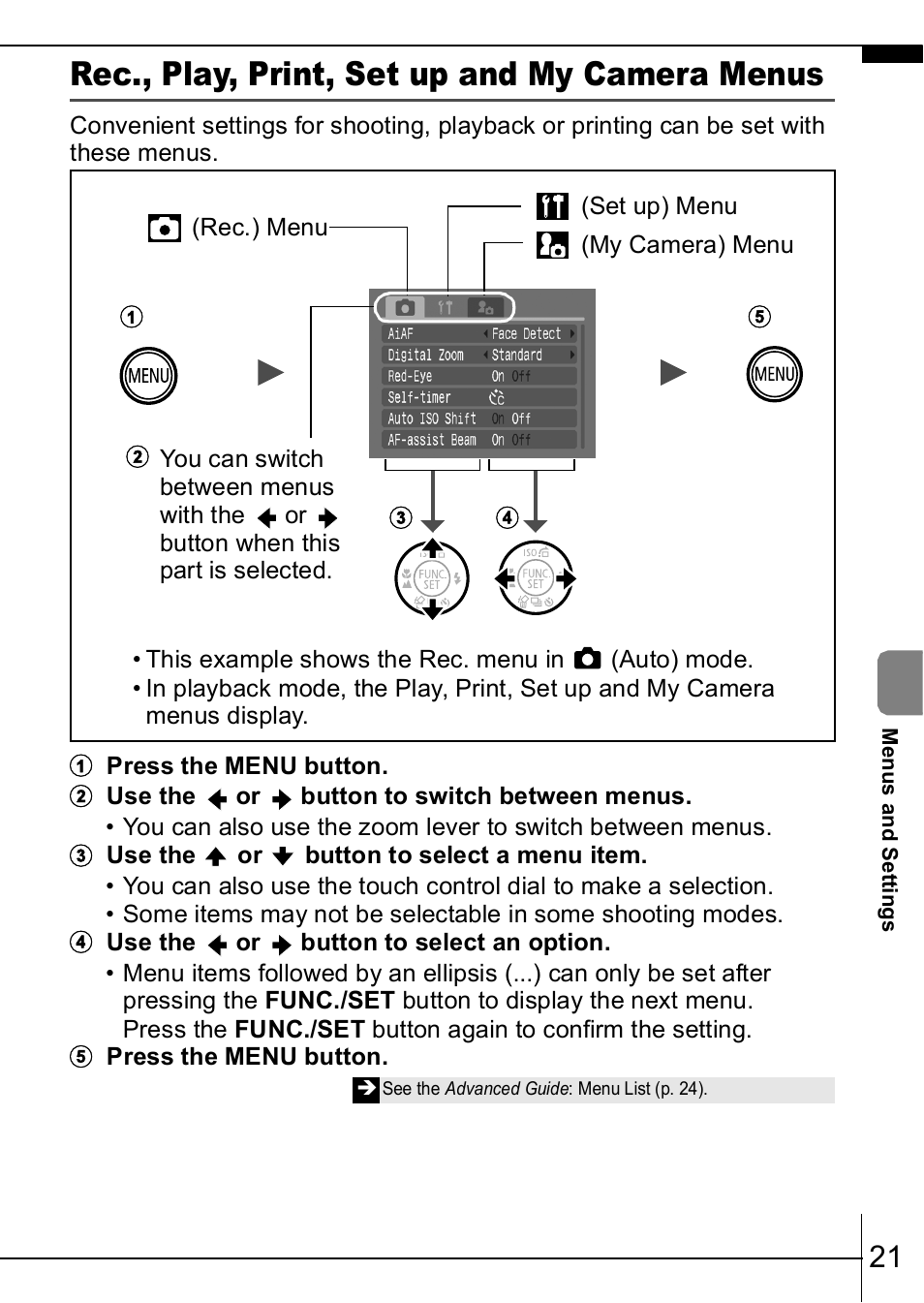 Rec., play, print, set up and my camera menus, P. 21, P. 21) | Canon IXUS  950IS User Manual | Page 23 / 37