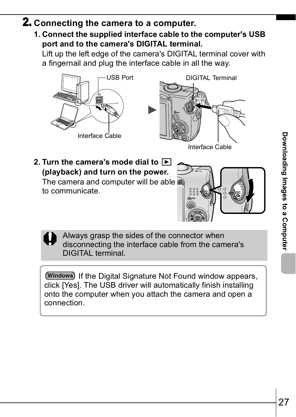 P. 27), Connecting the camera to a computer | Canon IXUS  950IS User Manual | Page 29 / 37