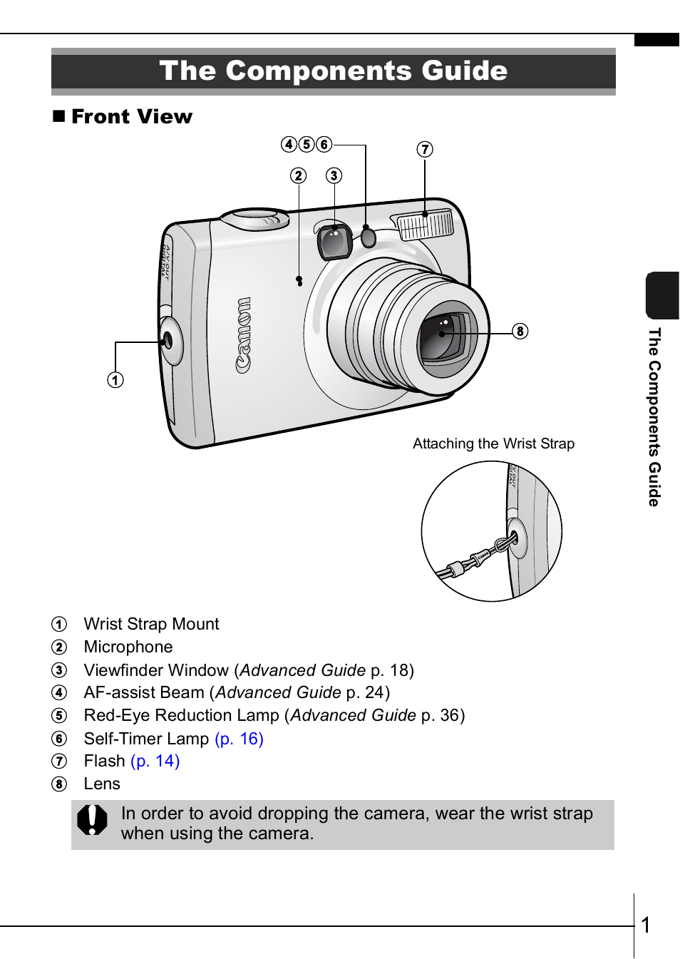The components guide, Front view | Canon IXUS  950IS User Manual | Page 3 / 37