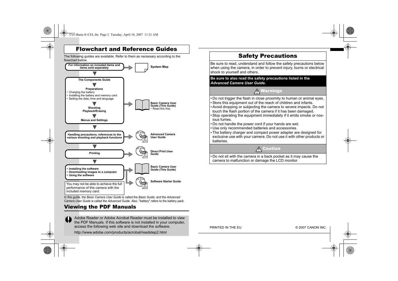 Flowchart and reference guides, Safety precautions, Viewing the pdf manuals | Warnings, Caution | Canon IXUS  950IS User Manual | Page 35 / 37