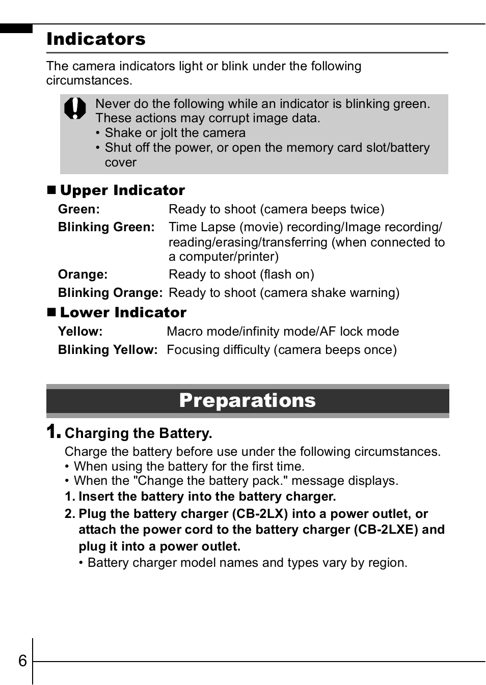 Indicators, Preparations, P. 6) | Canon IXUS  950IS User Manual | Page 8 / 37