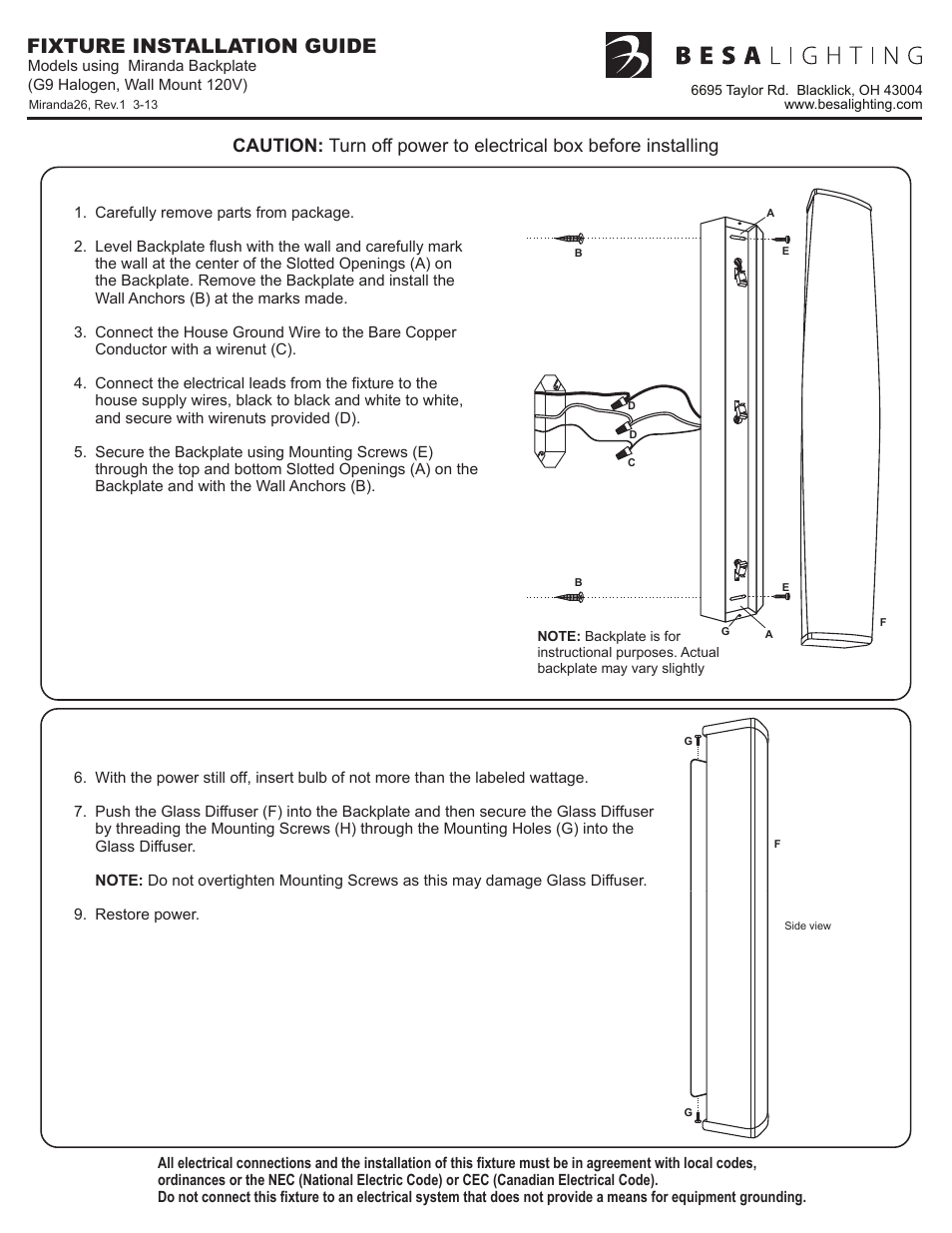 Besa Lighting Miranda 26 (Sconces) User Manual | 1 page