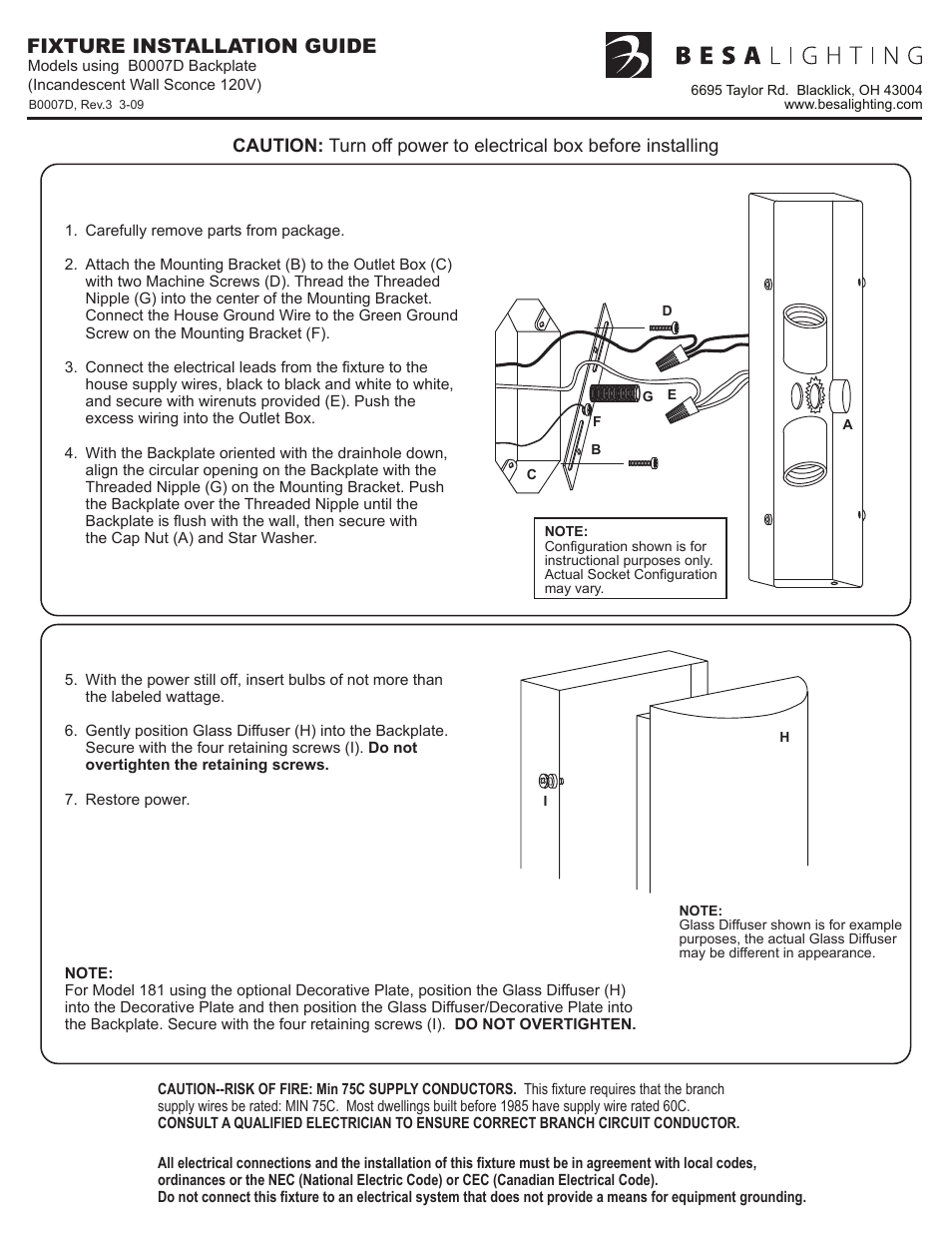 B0007d_rev3, Fixture installation guide | Besa Lighting Dorian 10 / 17 (Sconces) User Manual | Page 2 / 2