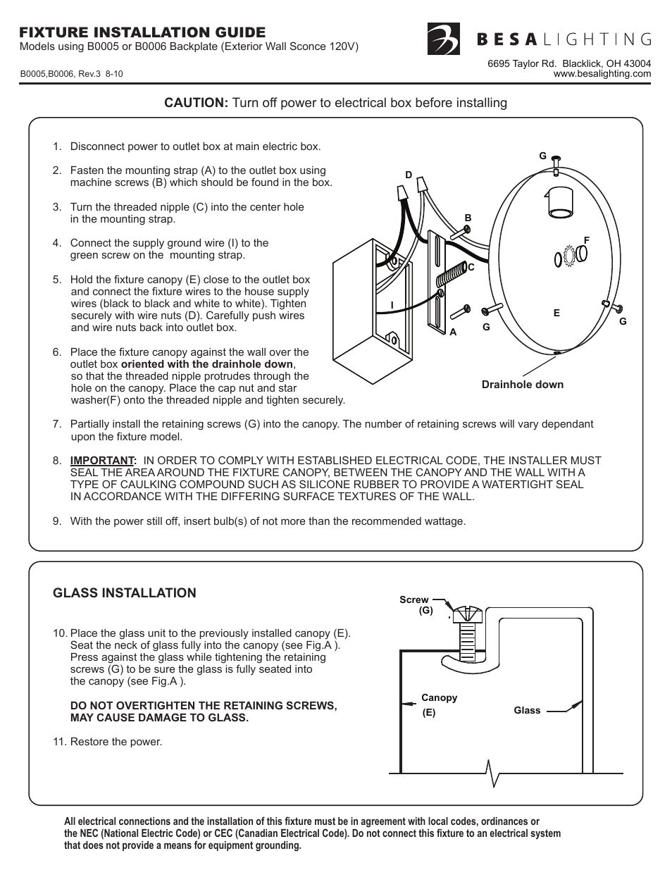 B0005,b0006_rev3, Fixture installation guide | Besa Lighting Geo 5 / 9 / 11 (Outdoor Sconces) User Manual | Page 2 / 3