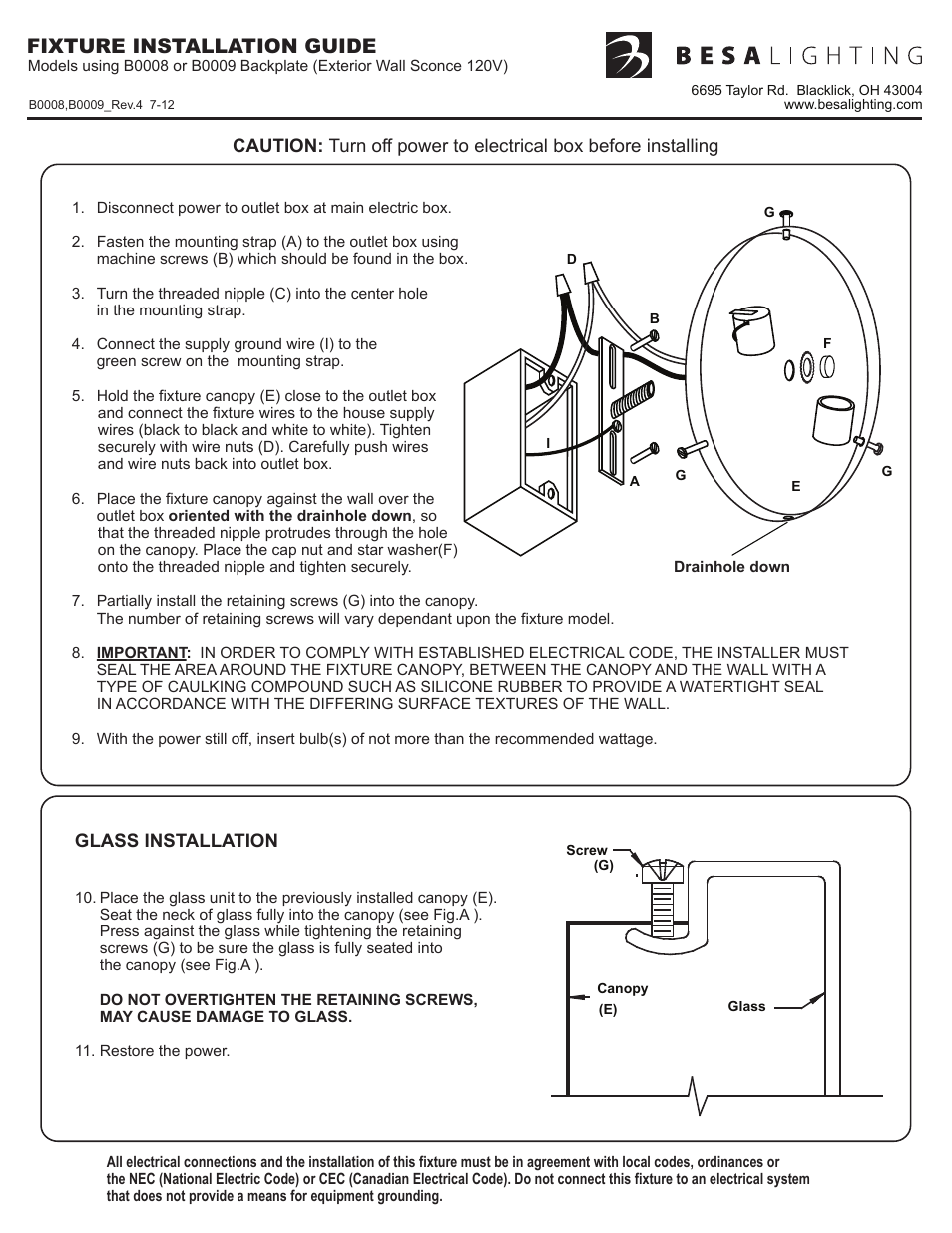 B0008,b0009, rev4, Fixture installation guide | Besa Lighting Geo 5 / 9 / 11 (Outdoor Sconces) User Manual | Page 3 / 3