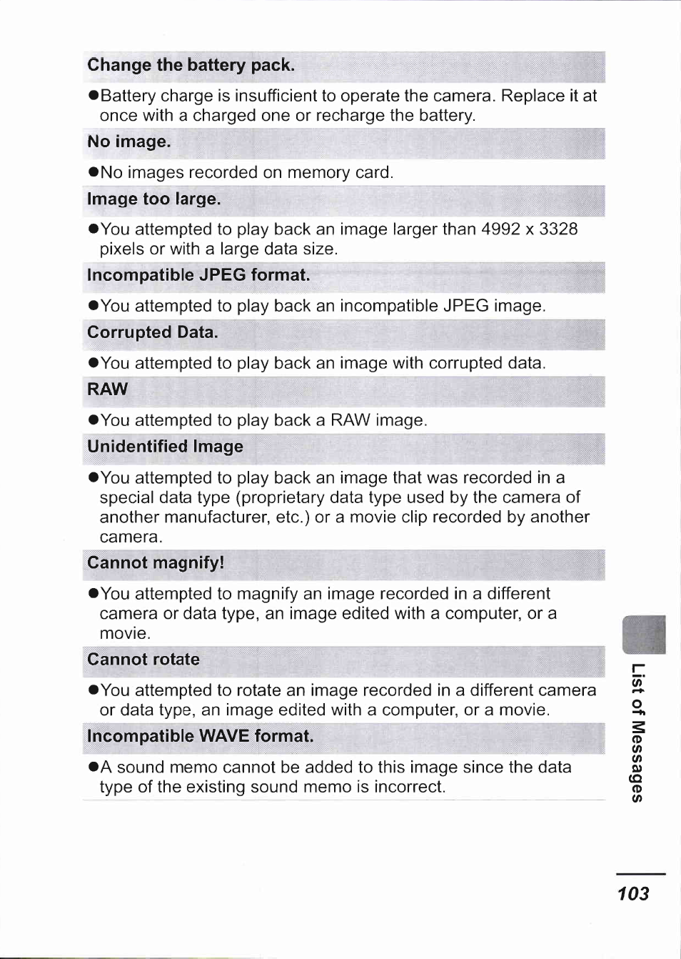 Change the battery pack, No image, Image too large. i ' ijr-v..; r.ifi | Incompatible jpeg format, Corrupted data, Unidentified image, Cannot magnify, Cannot rotate, Incompatible wave format | Canon IXUS 750 User Manual | Page 105 / 126