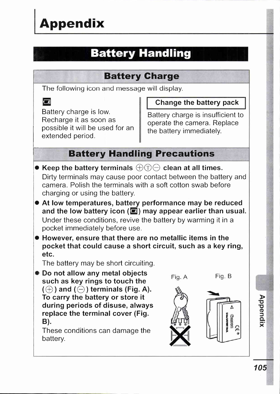 Appendix, Battery handling, Battery charge | Battery handling precautions, Handling precautions | Canon IXUS 750 User Manual | Page 107 / 126