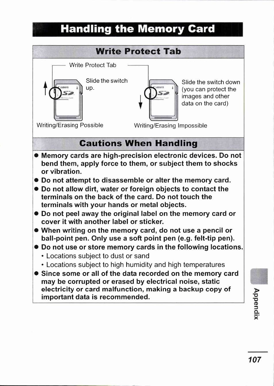 Handling the memory card, Write protect tab, Cautions when handling | Canon IXUS 750 User Manual | Page 109 / 126