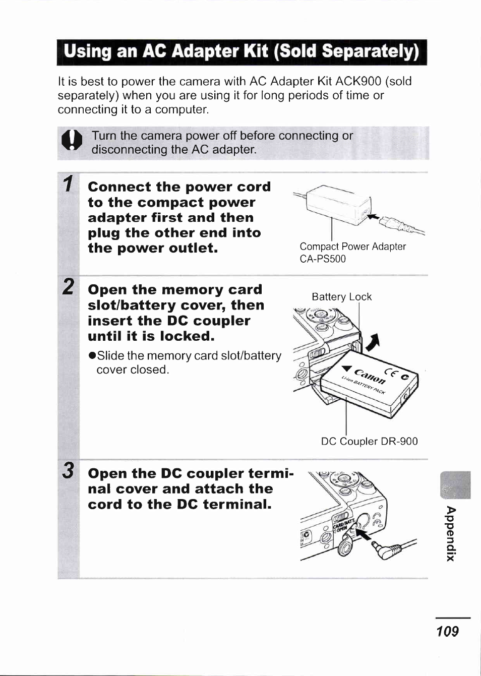 Using an ac adapter kit (sold separately) | Canon IXUS 750 User Manual | Page 111 / 126