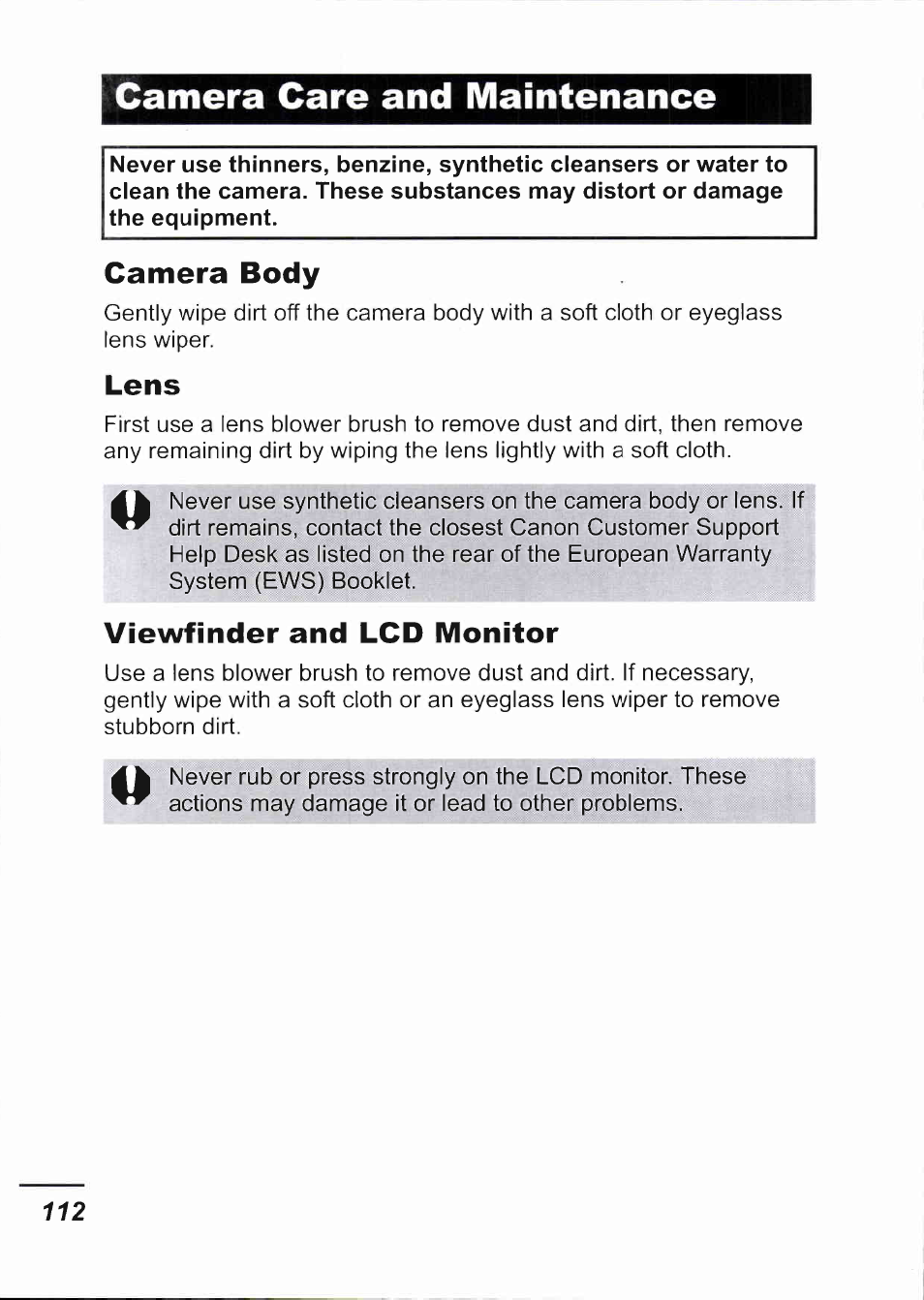 Camera care and maintenance, Camera body, Lens | Viewfinder and lcd monitor | Canon IXUS 750 User Manual | Page 114 / 126