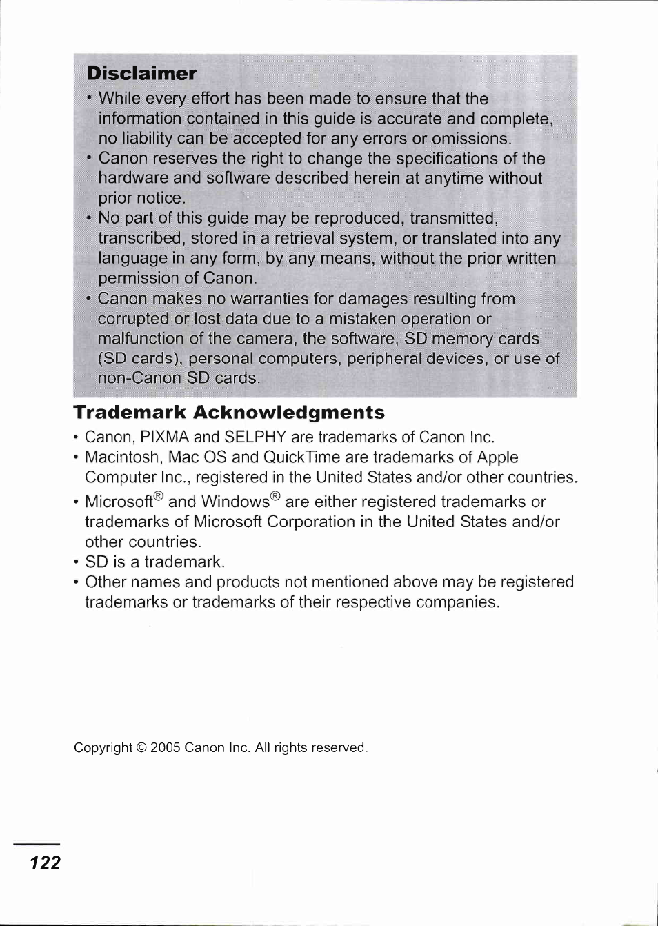 Disclaimer, Trademark acknowledgments | Canon IXUS 750 User Manual | Page 124 / 126