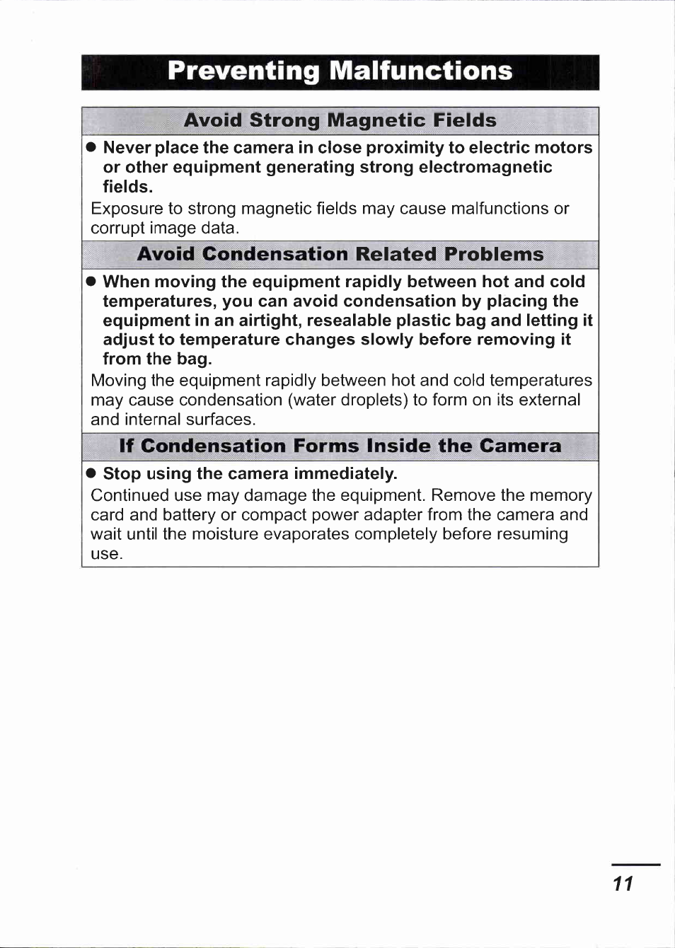 Preventing malfunctions, Avoid strong magnetic fields, Avoid condensation related problems | If condensation forms inside the camera | Canon IXUS 750 User Manual | Page 13 / 126