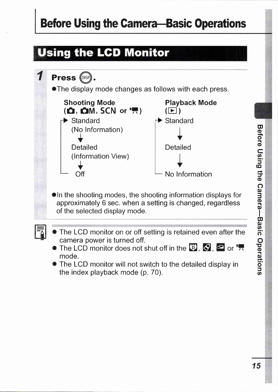 Before using the camera—basic operations, Using the lcd monitor, Press | Shooting mode (^, ^m, scn or *■), Playback mode | Canon IXUS 750 User Manual | Page 17 / 126