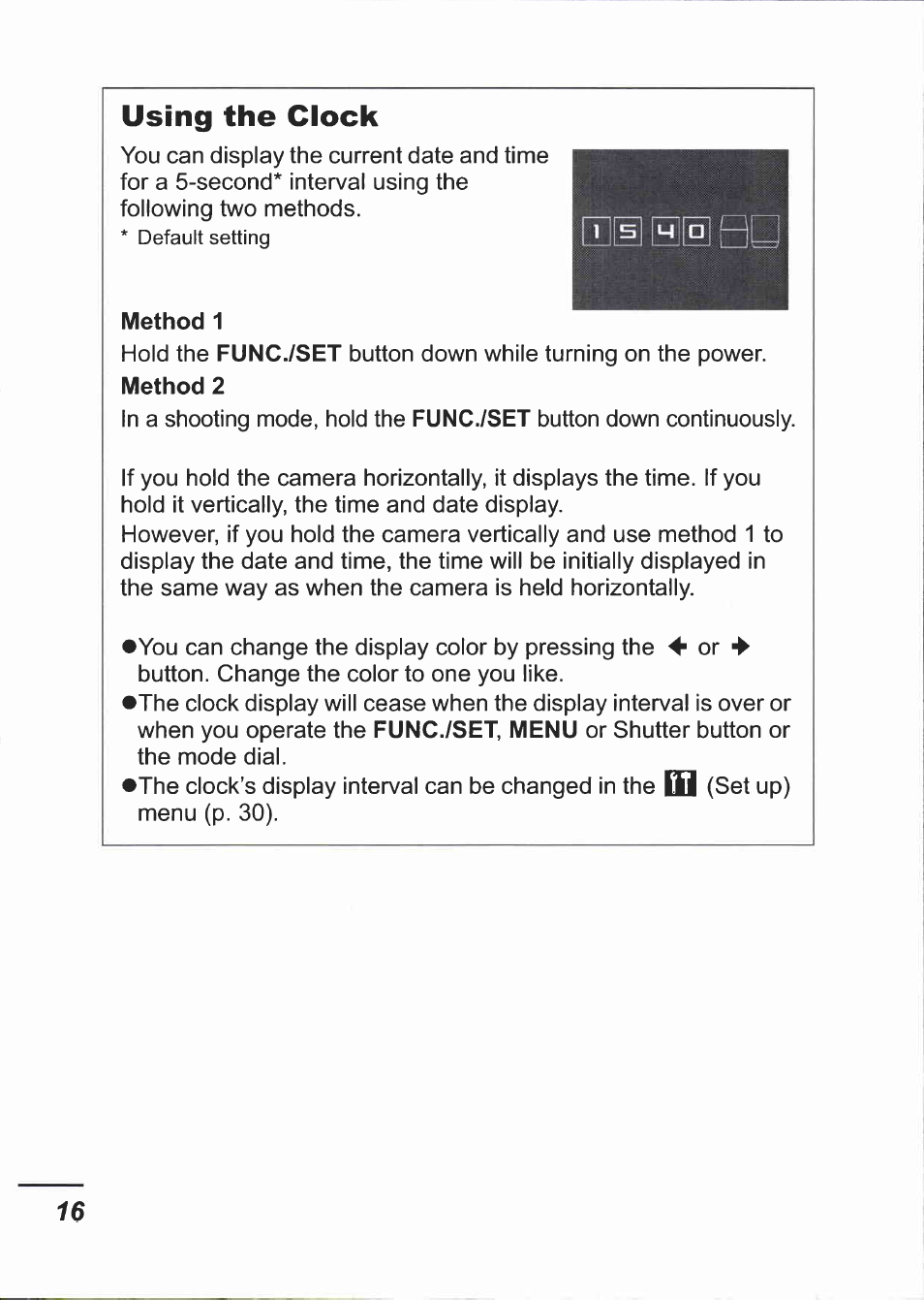 Using the clock, Method 1, Func./set | Method 2, Func./set, menu | Canon IXUS 750 User Manual | Page 18 / 126