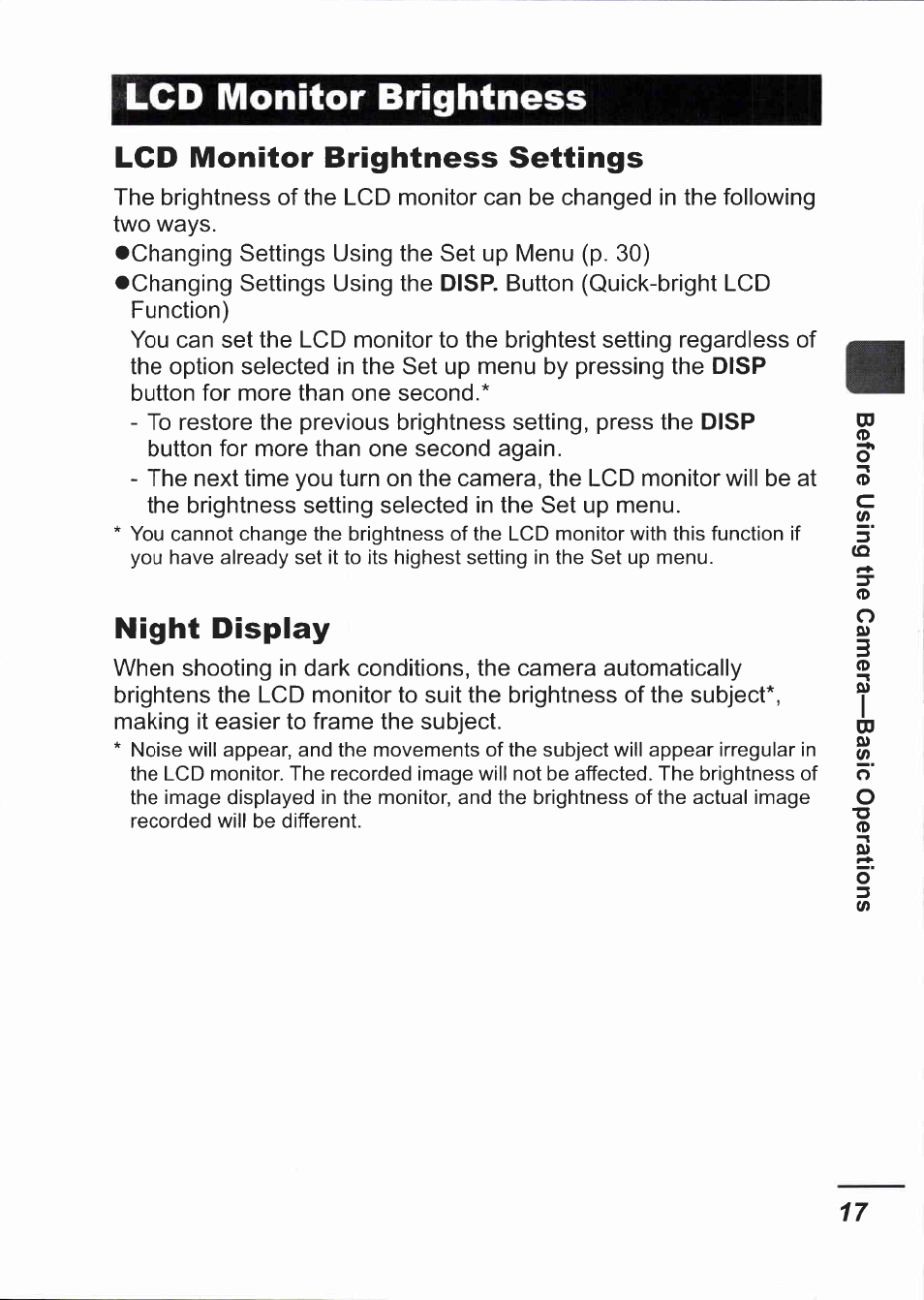 Lcd monitor brightness, Lcd monitor brightness settings, Night display | Disp | Canon IXUS 750 User Manual | Page 19 / 126