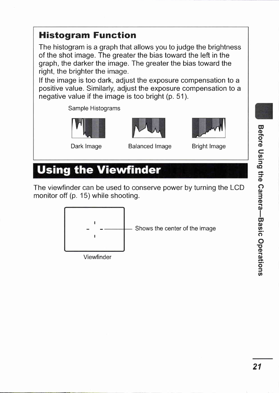 Histogram function, Using the viewfinder, M h h | Canon IXUS 750 User Manual | Page 23 / 126