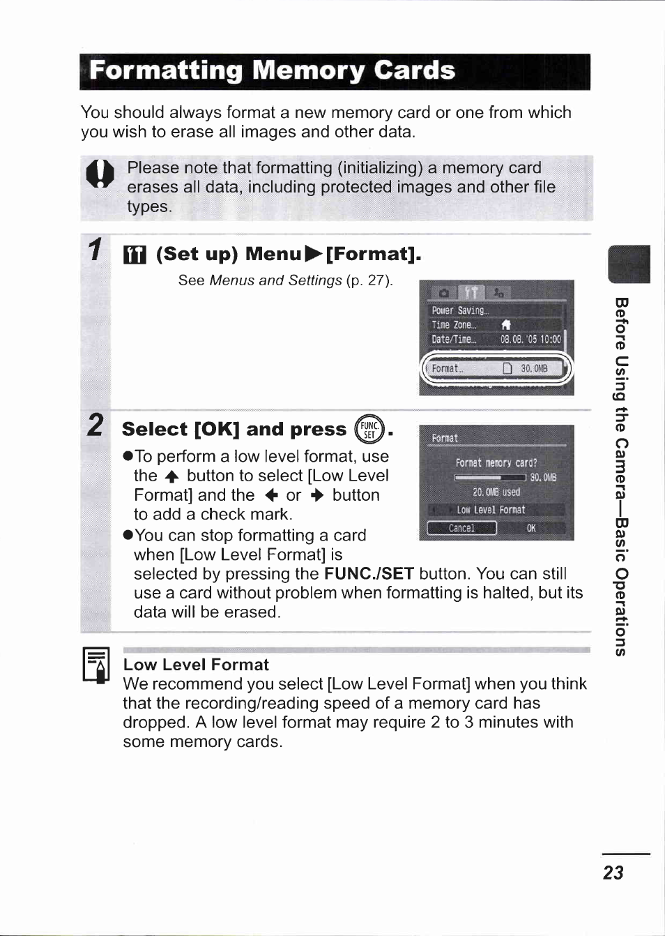 Formatting memory cards, Set up) menu ^[format, 2 select [ok] and press | Select [ok] and press, Func./set, Low level format | Canon IXUS 750 User Manual | Page 25 / 126