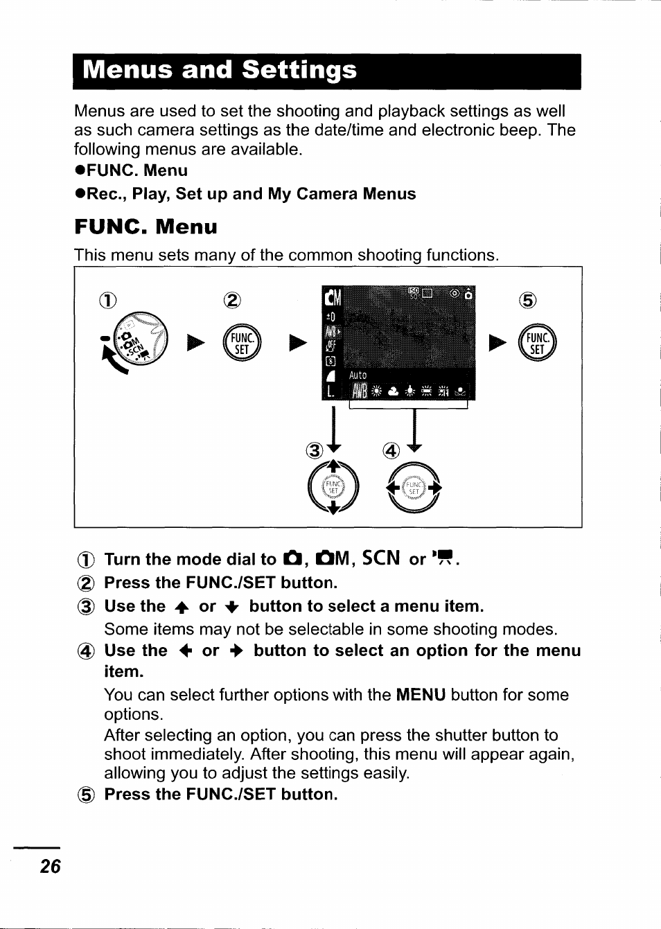 Menus and settings, Func. menu | Canon IXUS 750 User Manual | Page 28 / 126