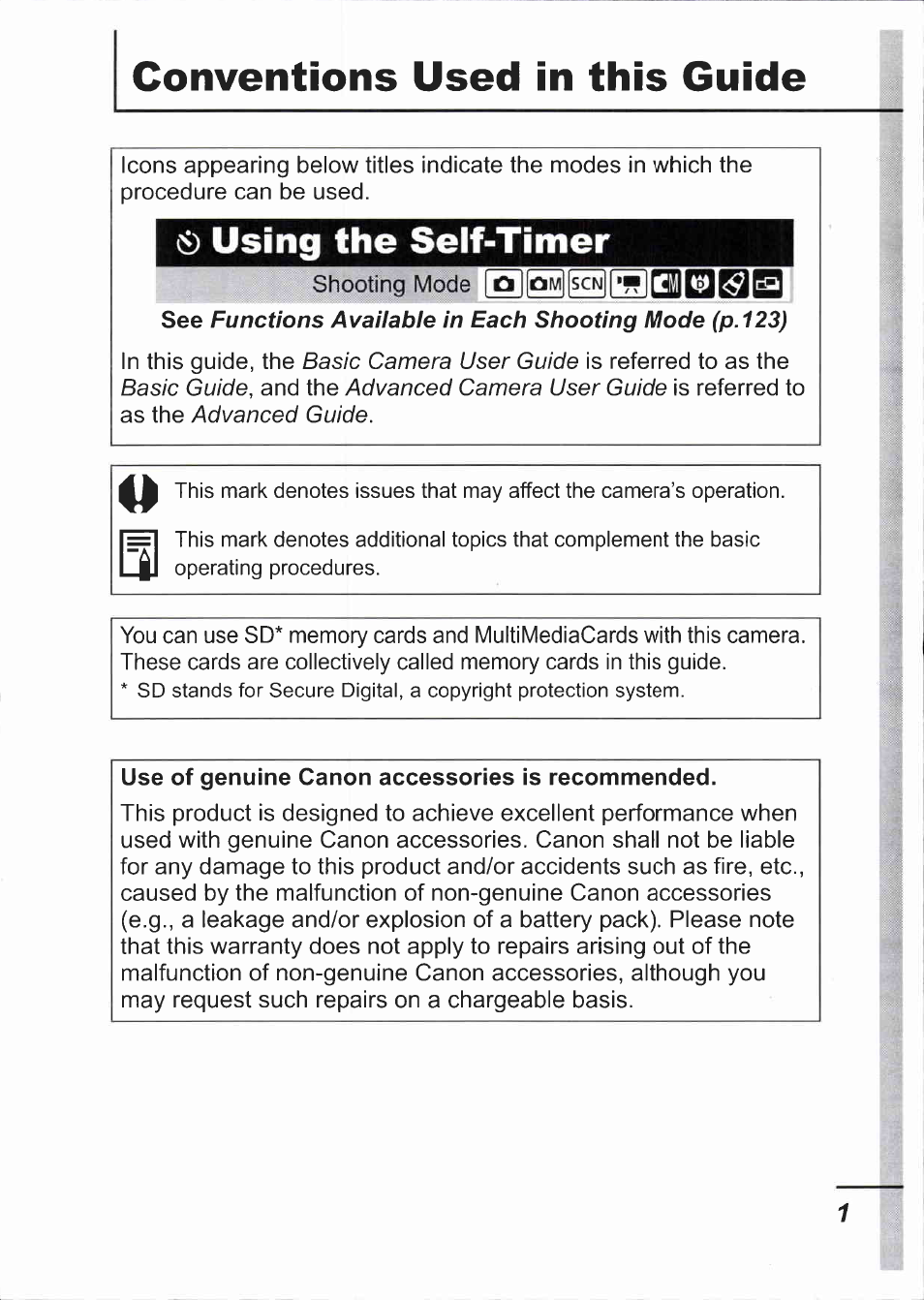 Conventions used in this guide, Cd using the self-timer | Canon IXUS 750 User Manual | Page 3 / 126