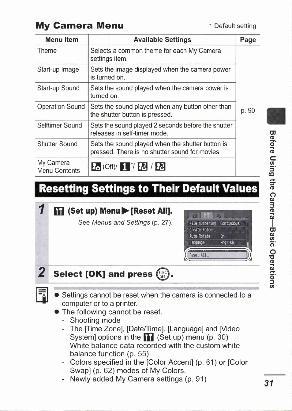 Resetting settings to their default values, Set up) menu ^ [reset all, 2 select [ok] and press | My camera menu, Select [ok] and press | Canon IXUS 750 User Manual | Page 33 / 126