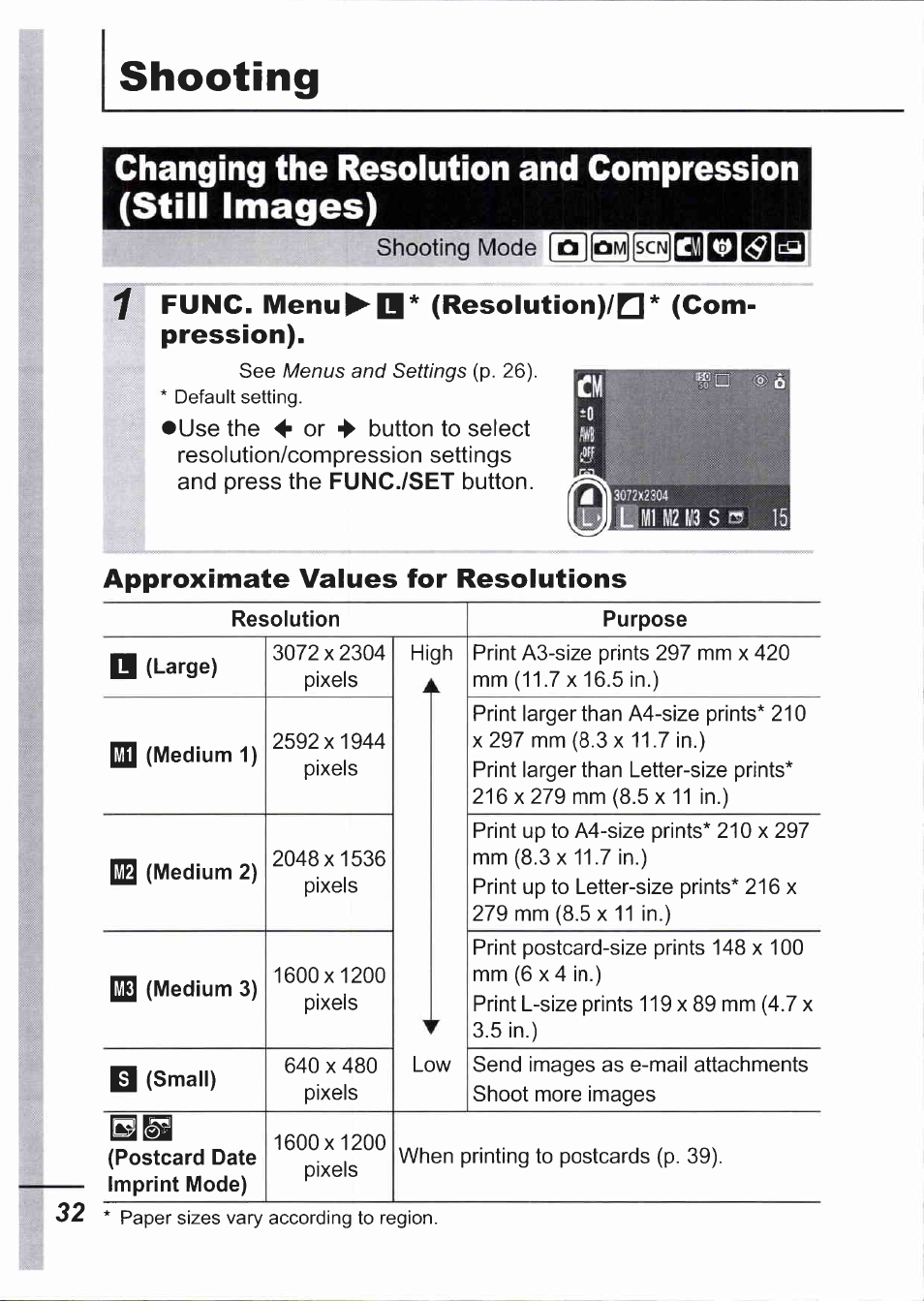 Shooting, Func. menu^b* (resolution)/q* (compression), Approximate values for resolutions | Func. menu^b* (resolution)/q* (com­ pression) | Canon IXUS 750 User Manual | Page 34 / 126