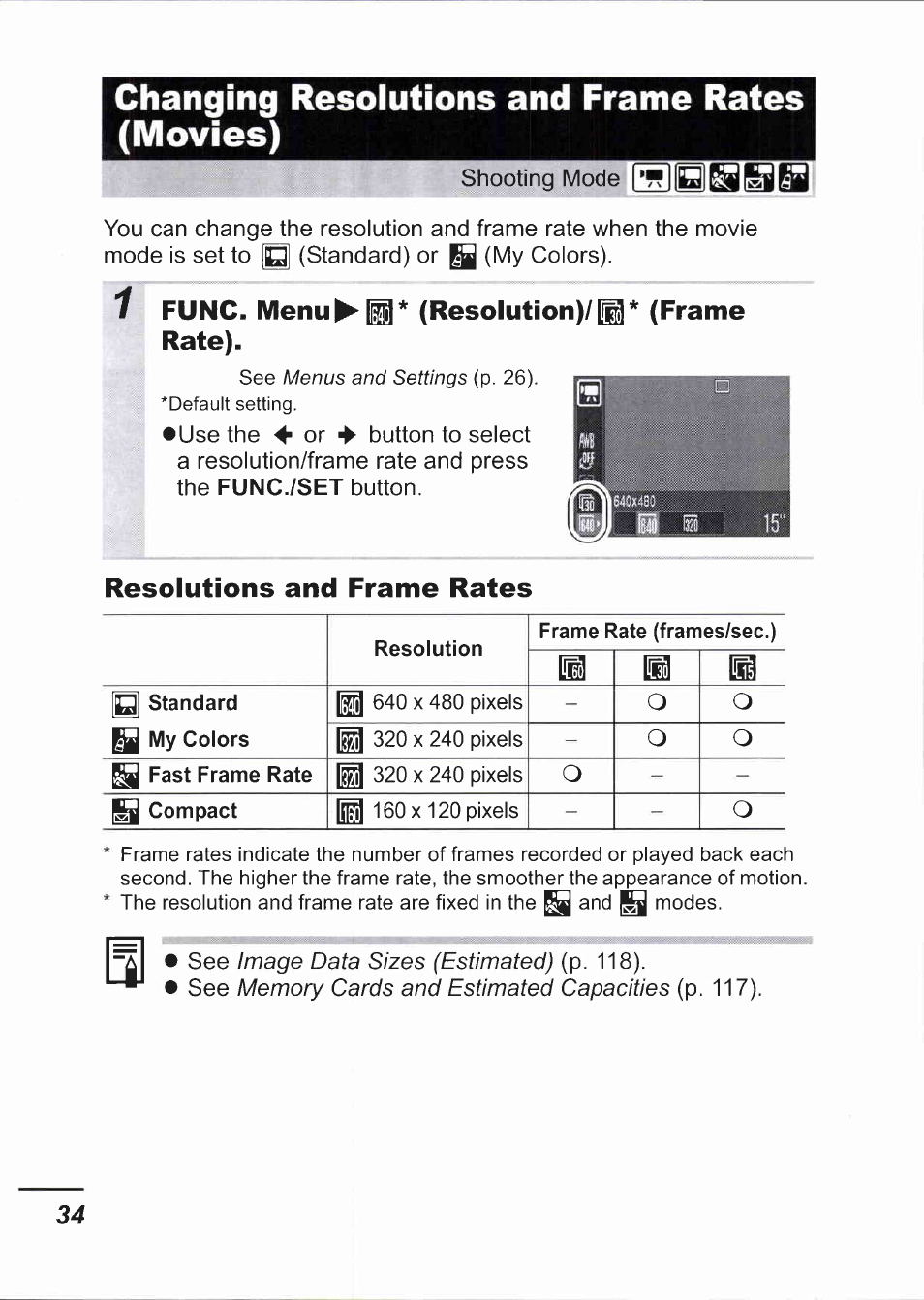 Changing resolutions and frame rates (movies), 1 func. menu^g* (resolution)/(frame rate), Resolutions and frame rates | Func./set | Canon IXUS 750 User Manual | Page 36 / 126