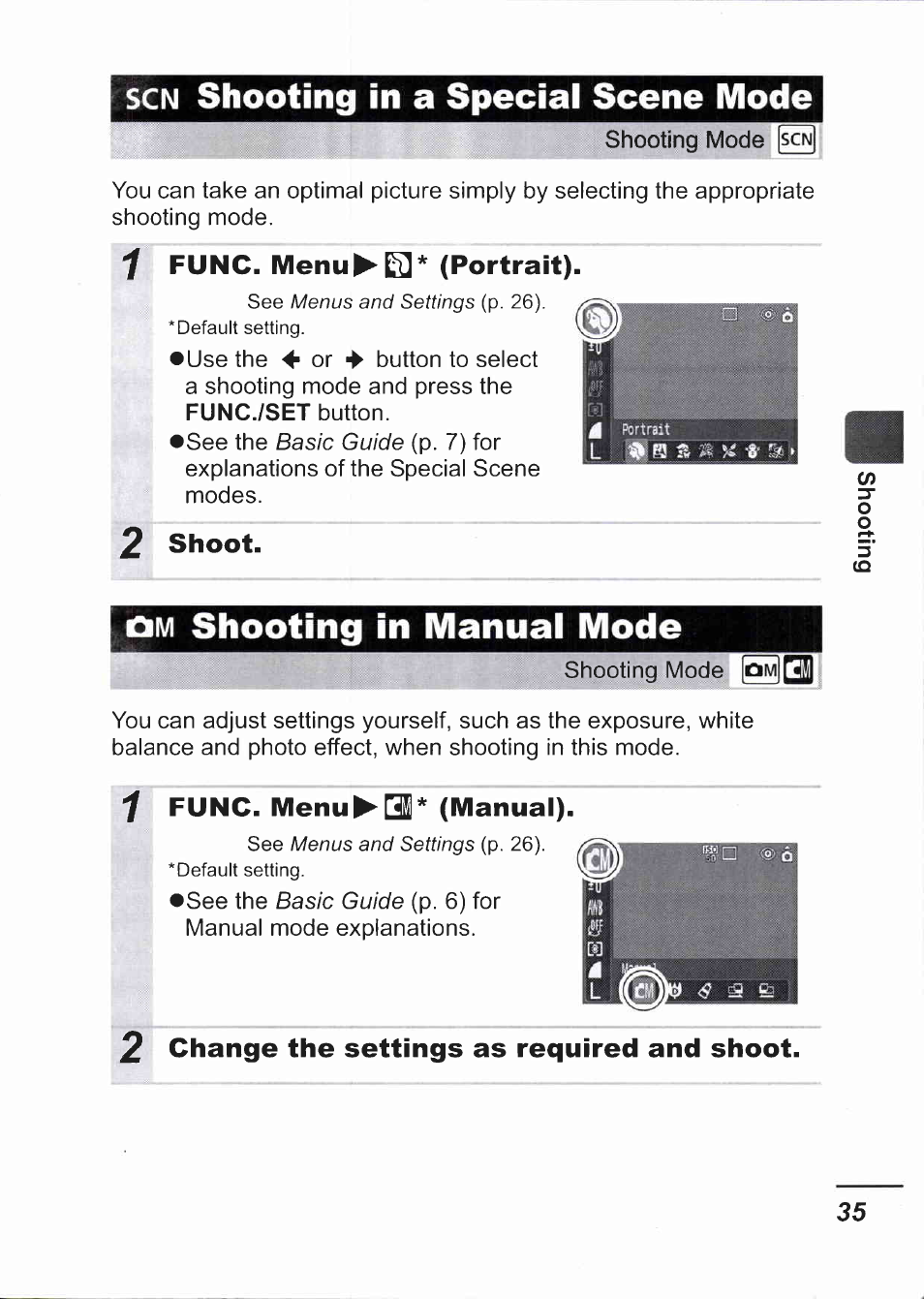 Scn shooting in a special scene mode, 1 func. menu^i^* (portrait), 2 shoot | Om shooting in manual mode, Func. menu^s* (manual), 2 change the settings as required and shoot, Shooting in a special scene mode, 1func. menu^i^* (portrait), 2shoot, 2change the settings as required and shoot. 35 | Canon IXUS 750 User Manual | Page 37 / 126