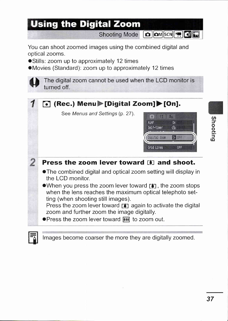 Using the digital zoom, M (rec.) menu ^[digital zoom]^[on, 2 press the zoom lever toward and shoot | P. 27) | Canon IXUS 750 User Manual | Page 39 / 126