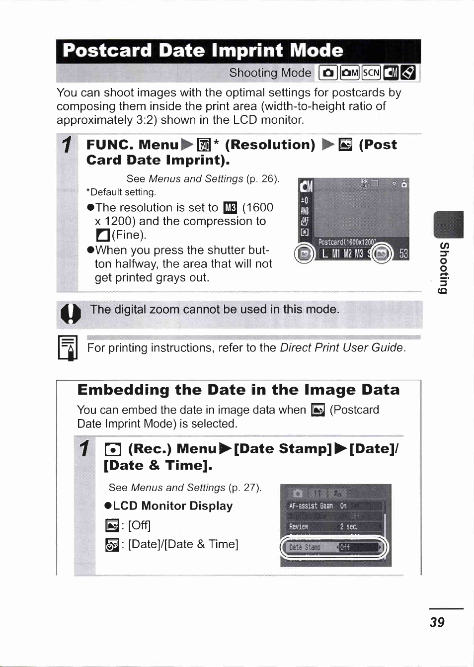 Postcard date imprint mode, Embedding the date in the image data | Canon IXUS 750 User Manual | Page 41 / 126