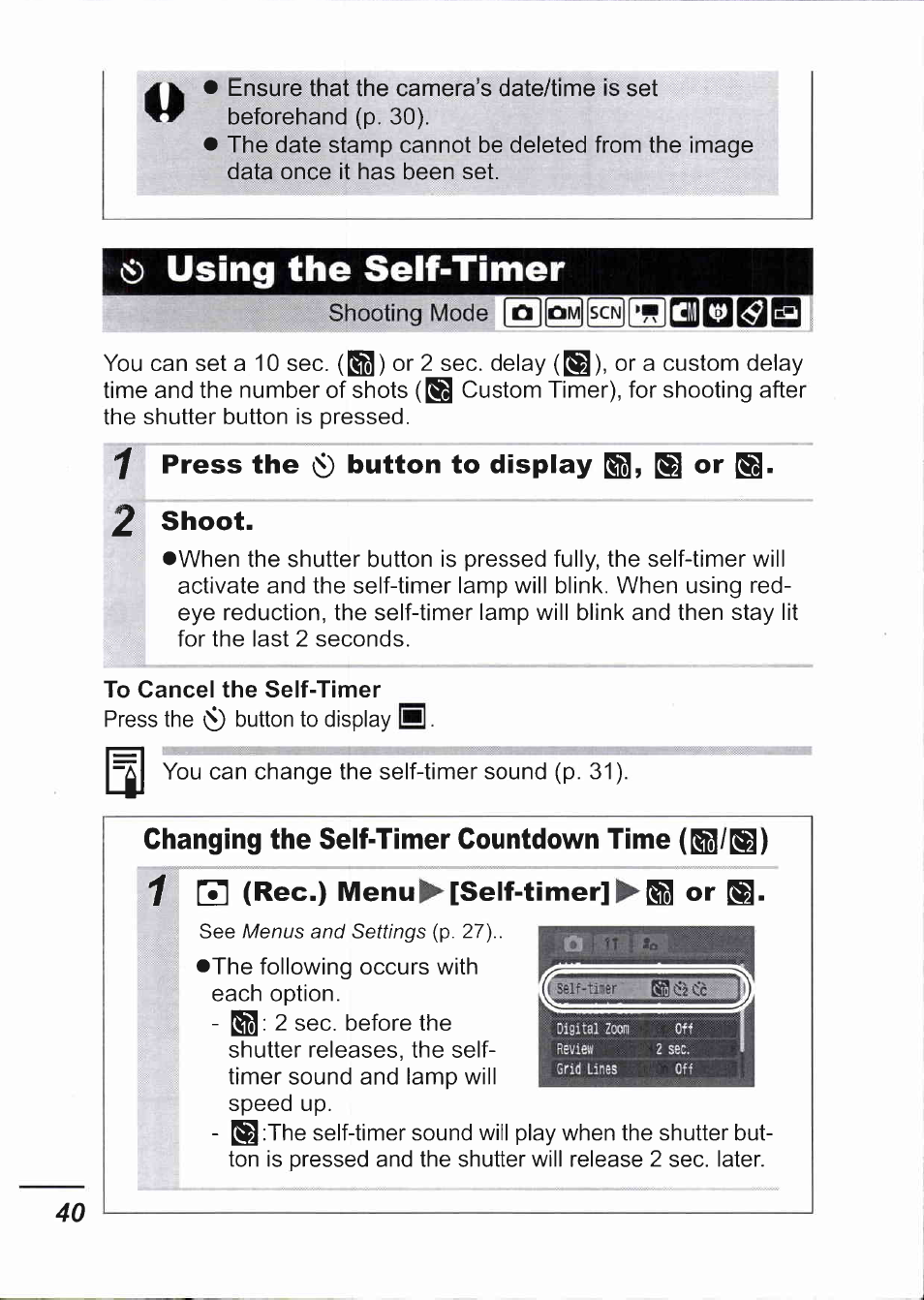 0 using the self-timer, Press the 0 button to display shoot, Press the 0 button to display shoot. or | Canon IXUS 750 User Manual | Page 42 / 126