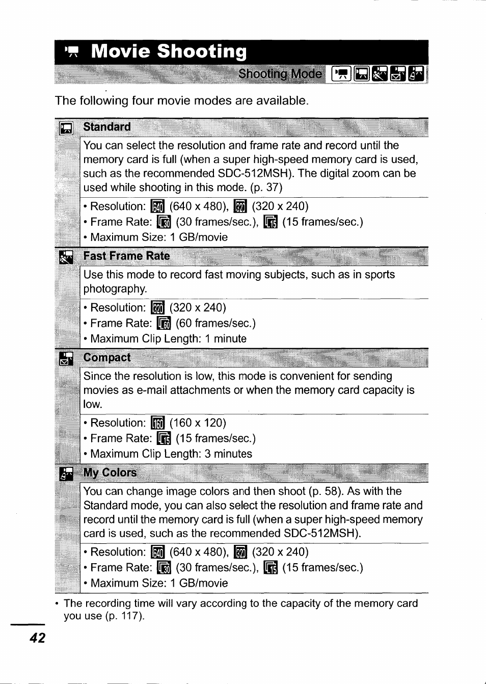 Q standard, Fy fast frame rate, Isg compact | My colors | Canon IXUS 750 User Manual | Page 44 / 126