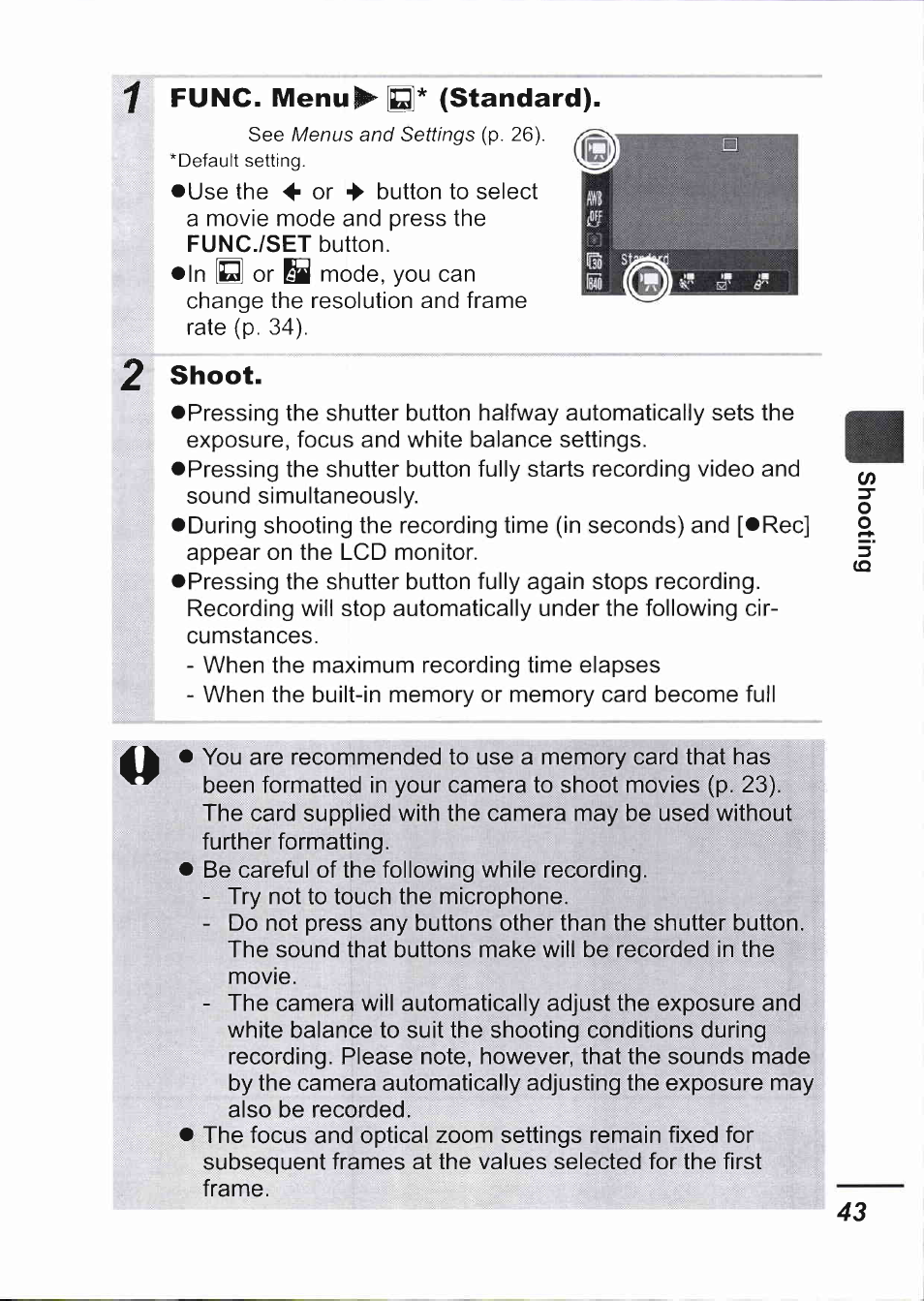 Func. menu^b* (standard), Shoot, P. 26). *default setting | Func./set | Canon IXUS 750 User Manual | Page 45 / 126