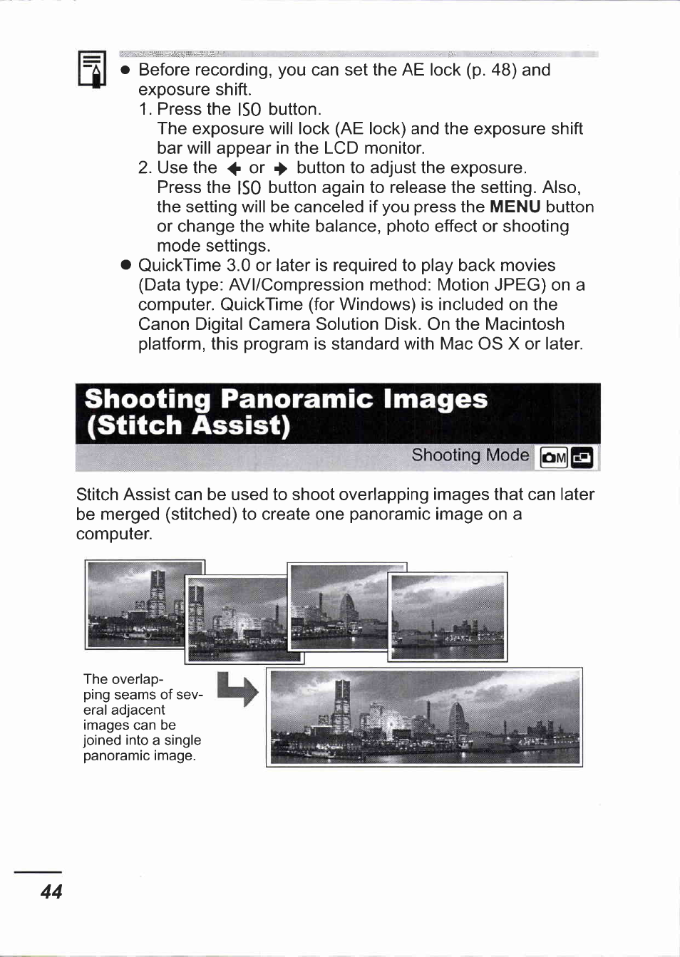 Shooting panoramic images (stitch assist) | Canon IXUS 750 User Manual | Page 46 / 126