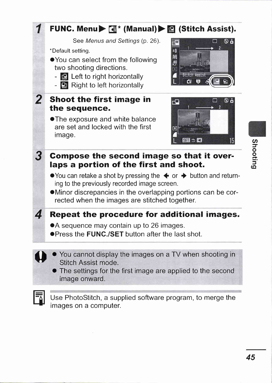 1 func. menu^ q* (manual)(stitch assist), 2 shoot the first image in the sequence, Repeat the procedure for additional images | 2shoot the first image in the sequence, Func./set | Canon IXUS 750 User Manual | Page 47 / 126